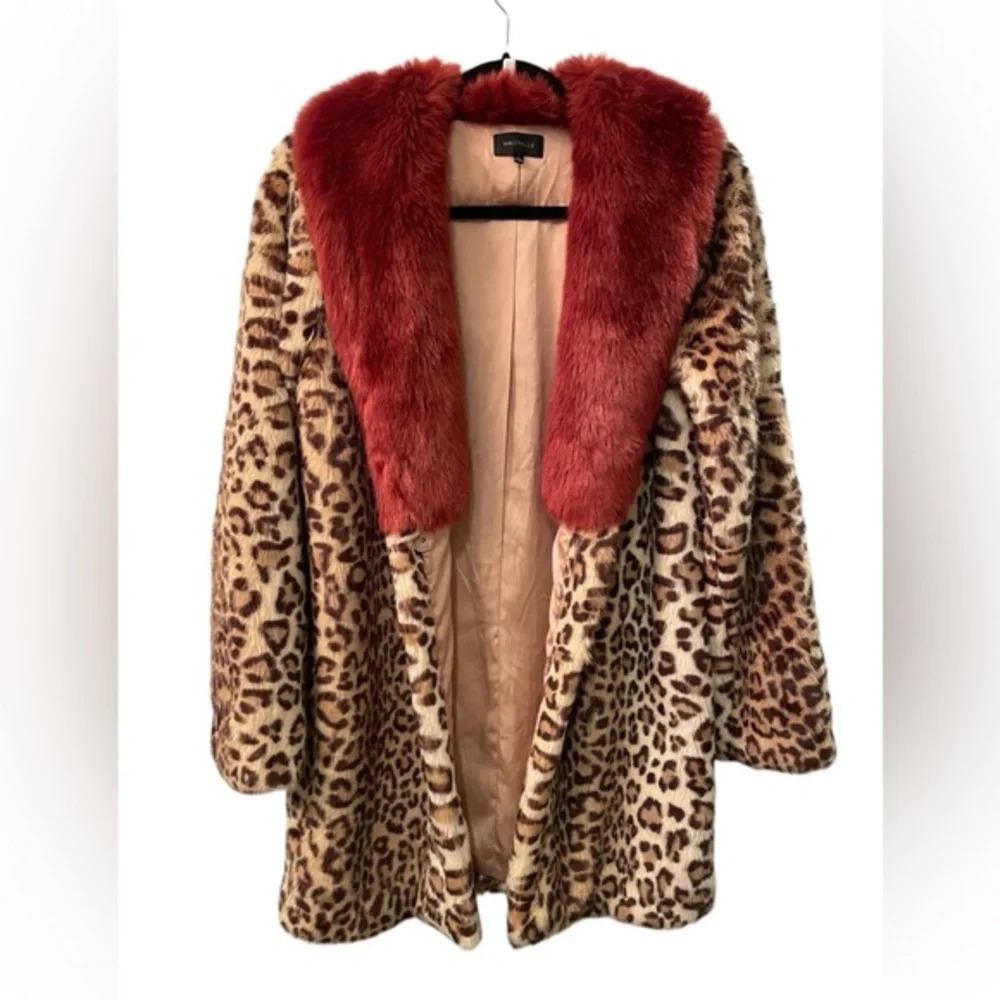 REVOLVE Leopard Faux Fur Jacket with Red Shawl Collar